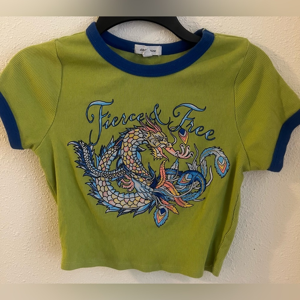 Stitch and Pine Cropped Green Dragon Shirt Size Large